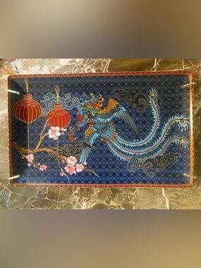 Williams Sonoma Lunar New Year Blue & Red Phoenix W/Gold Accents Serving Platter